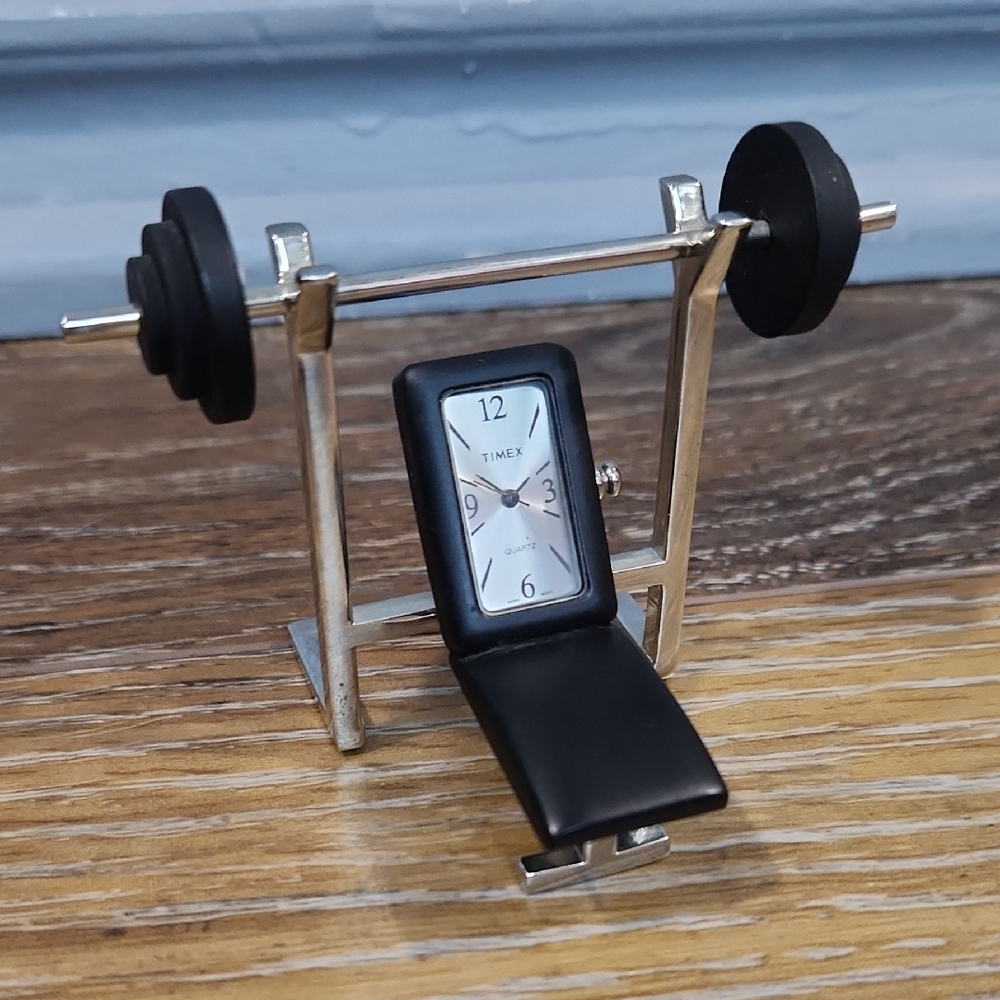 Timex Bench Press Barbell Weights Mini Clock Black Silver